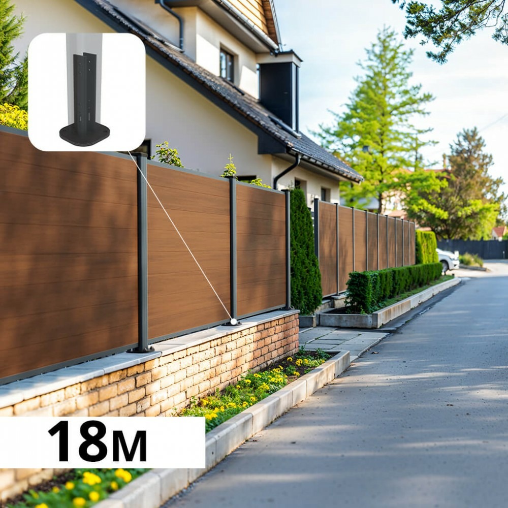 Kit clôture composite sur muret cruz teck 18x1,2m - bois composite & aluminium - poteaux sur platines gris - brise vue