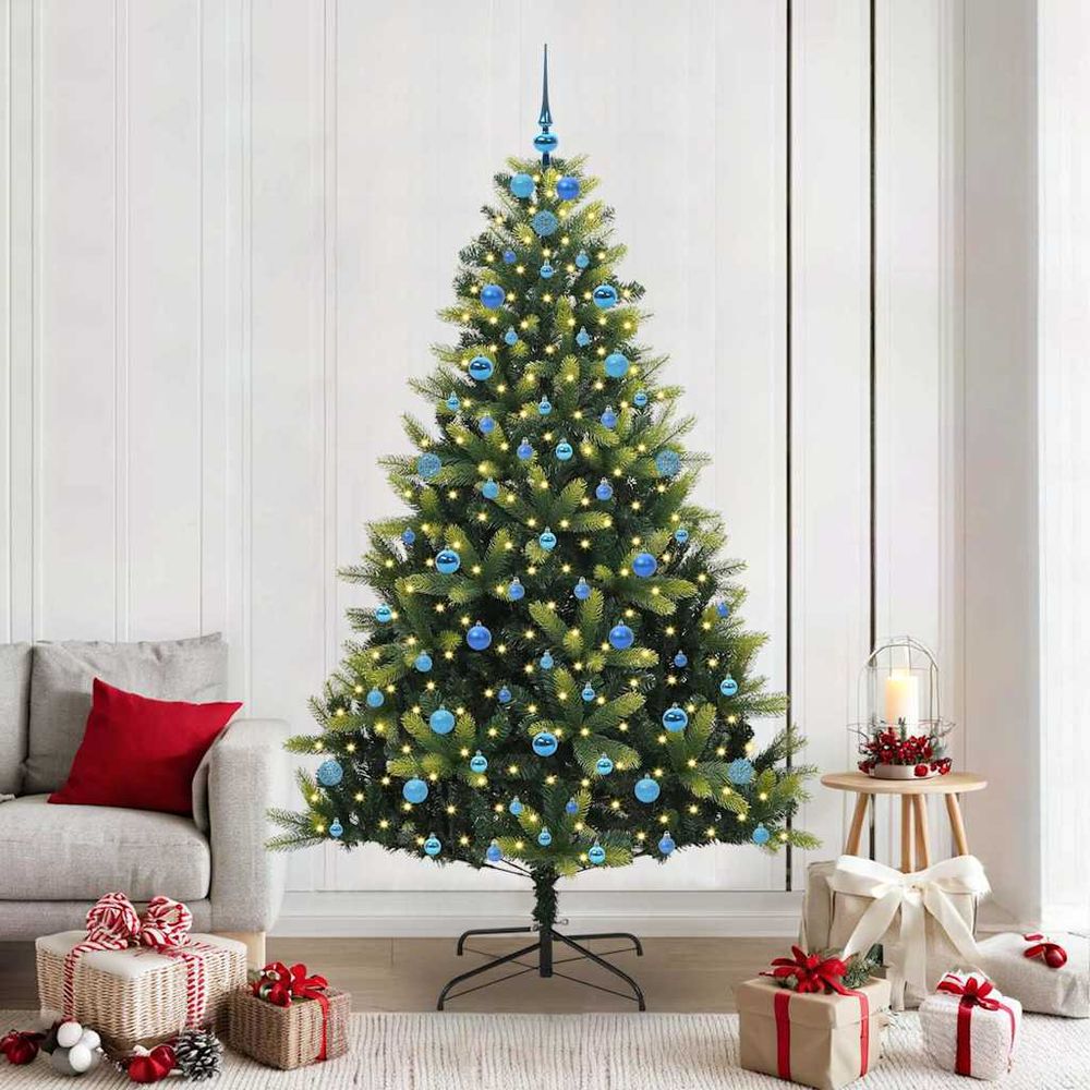 Arbre de noël artificiel 210 cm facile à installer, avec lumières led, boules et cimier fournis