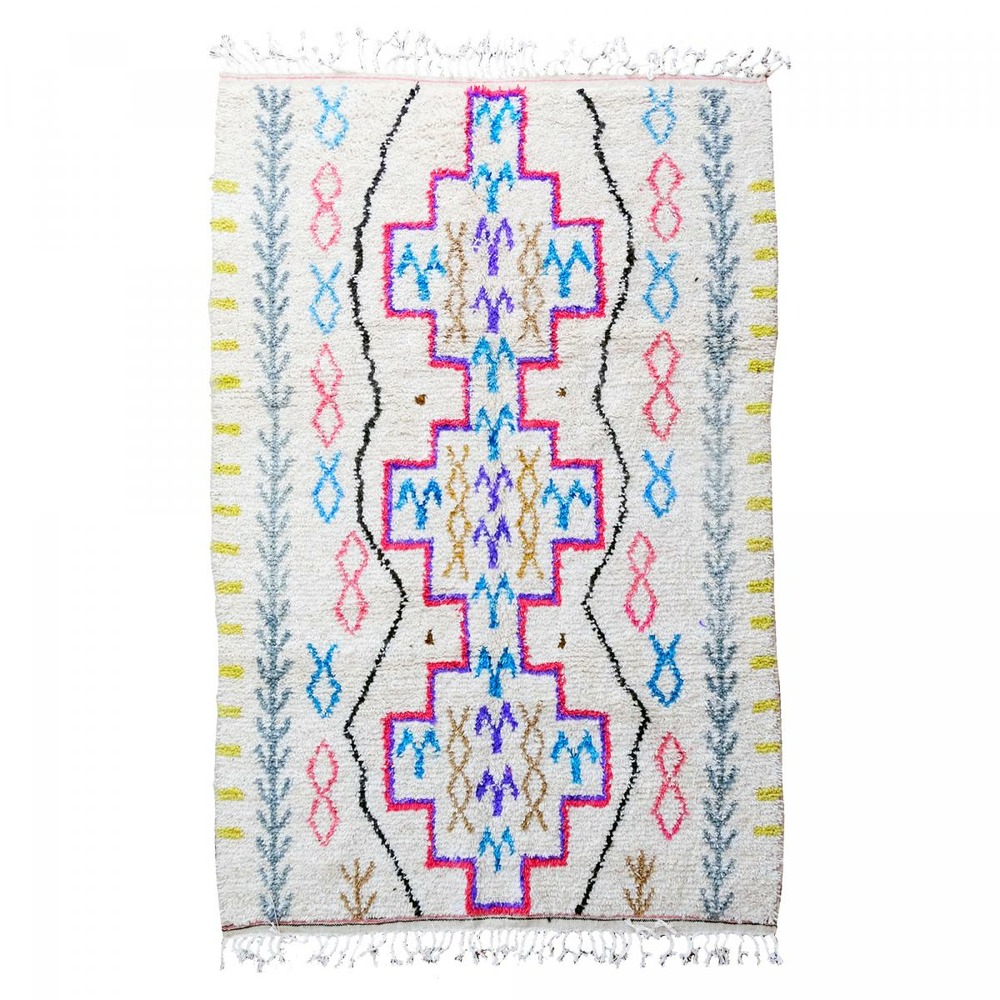 Authentique tapis berbère 150x240 fait à la main en laine blanc cassé et rose azilal 9 motif ethnic