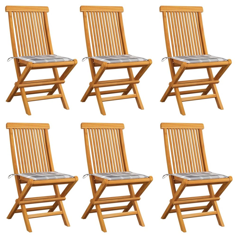 Chaises pliantes, coussins à carreaux gris, 6 pièces, bois de teck massif
