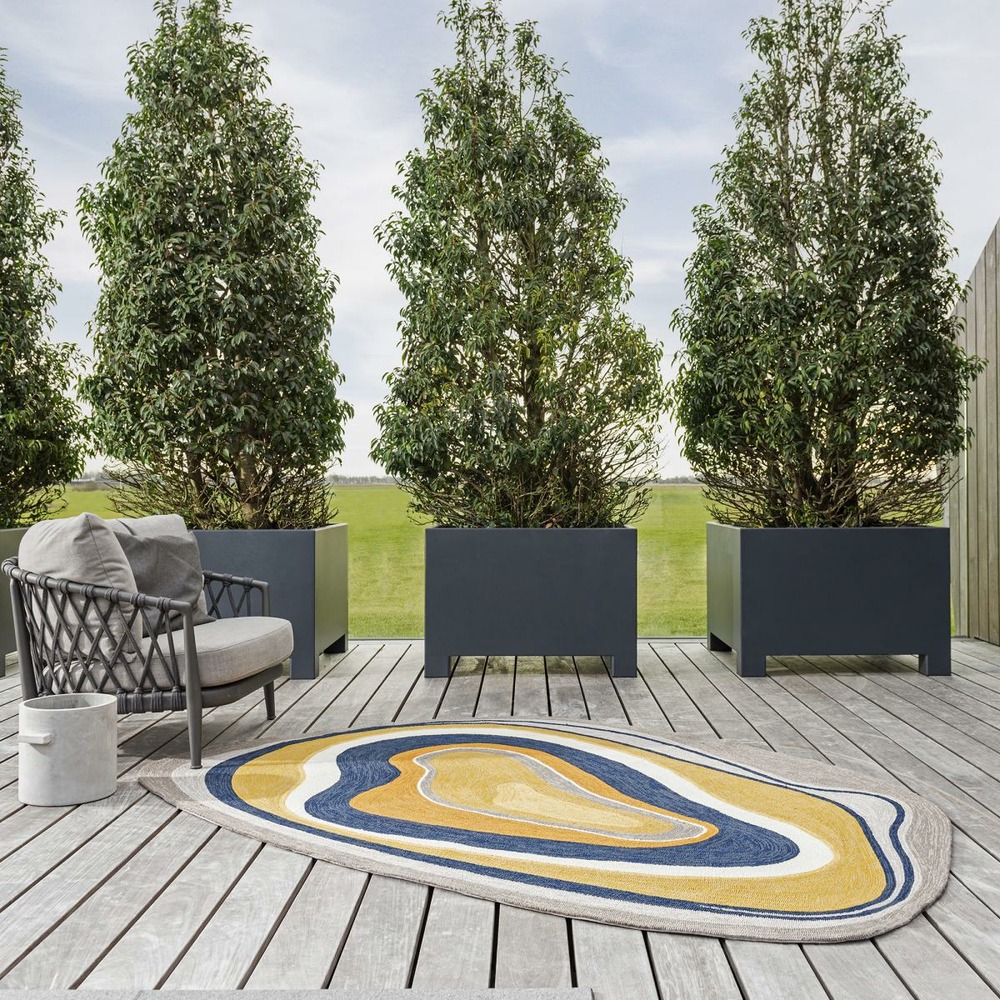 Tapis extérieur 250x350 tissé kilim bleu et gris aura