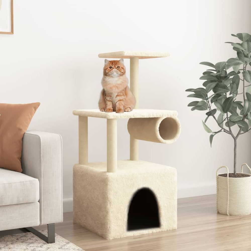 Arbre à chat avec tunnel de jeu niche et griffoirs en sisal crème 109,5 cm