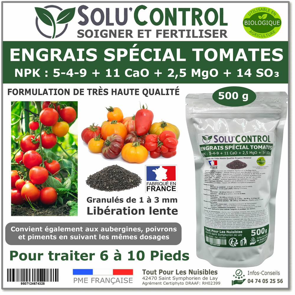 500 g engrais spécial tomates, aubergines, poivrons, piments - solucontrol - formulation haute qualité organo-minerale - uab