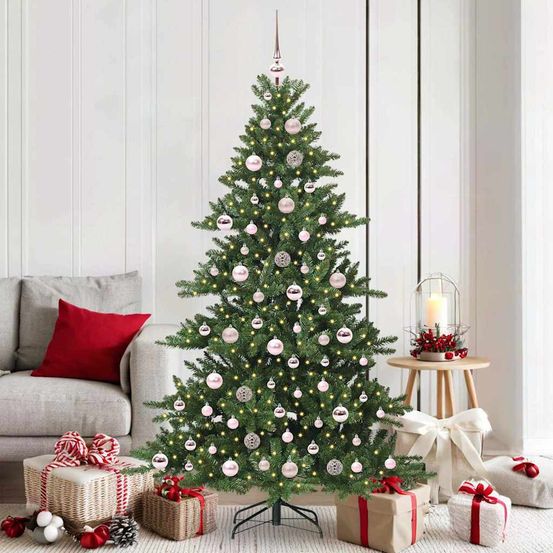 Sapin de noël artificiel 1.80m lumineux et décoré, set complet avec 120 boules