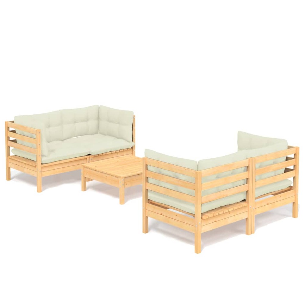 Salon de jardin meuble d'extérieur ensemble de mobilier 5 pièces avec coussins crème bois de pin