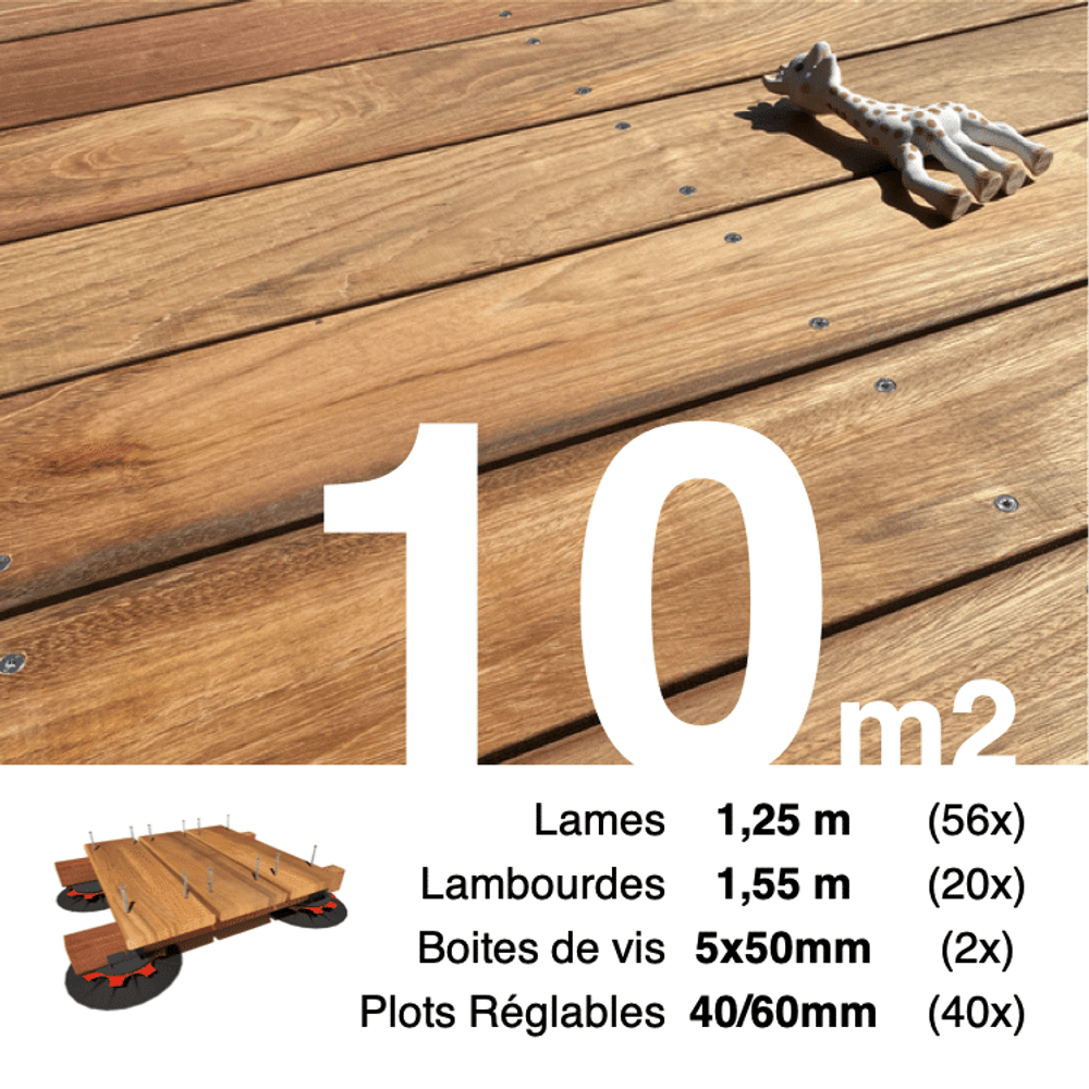 Kit complet terrasse bois exotique jatoba pour 10 m², lames 1,25 m, lambourdes 1,55 m, plots réglables et visserie inox.