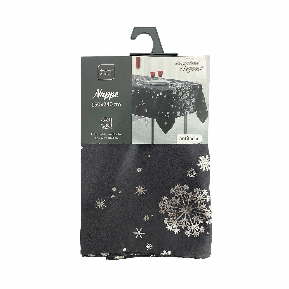 Nappe rectangulaire antitache et infroissable imprimé flocons - l. 150 x l. 240 cm - anthracite et argent