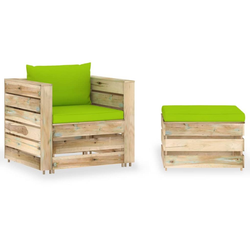 Salon de jardin 2 pcs avec coussins bois imprégné de vert
