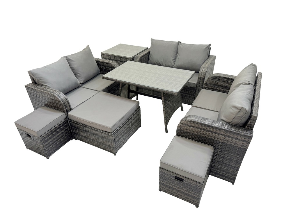 Salon de jardin exterieur 9 places avec canapé d'amour table à manger rectangulaire 3 tabourets table d'appoint gris foncé mixte