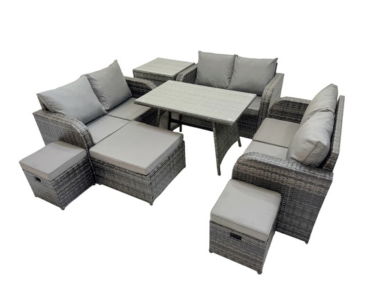 Salon de jardin exterieur 9 places avec canapé d'amour table à manger rectangulaire 3 tabourets table d'appoint gris foncé mixte