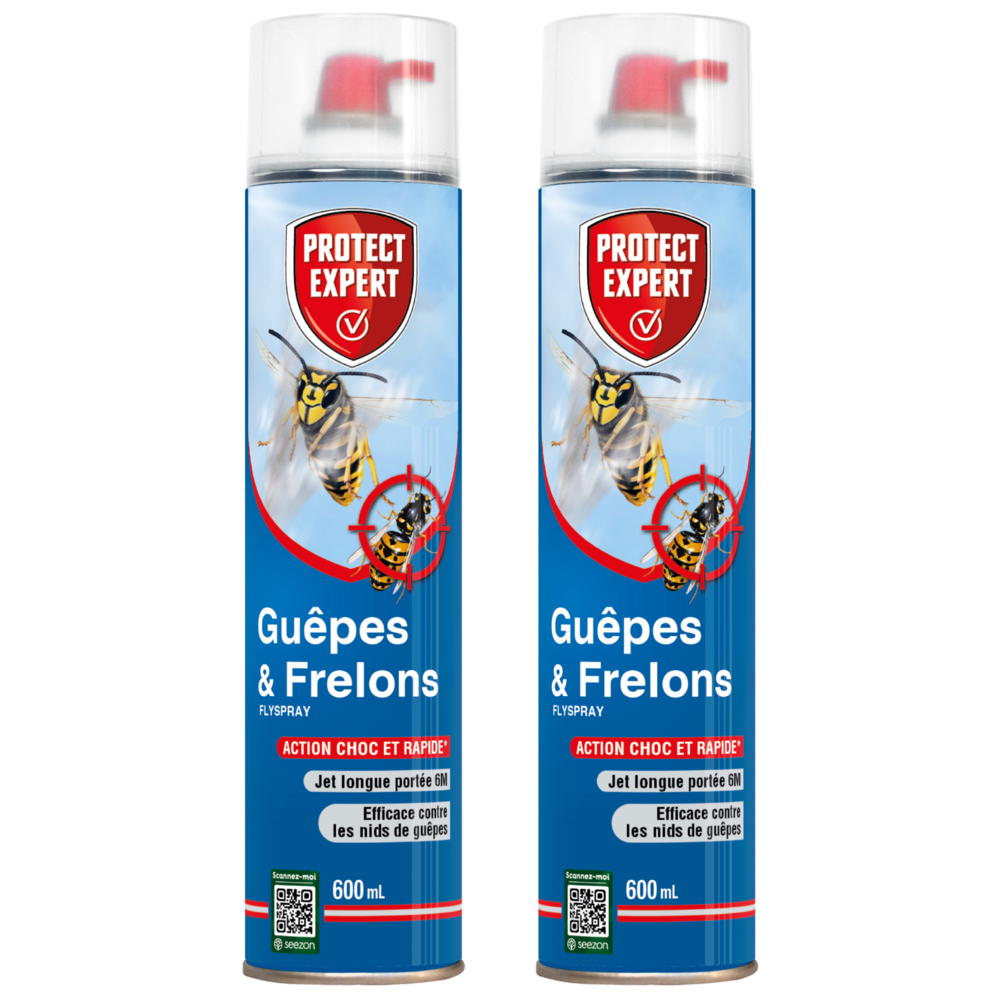Protect Expert anti-guêpes & frelons – 2x600ml, jet 6m, action foudroyante, efficace sur nids, fabriqué en France