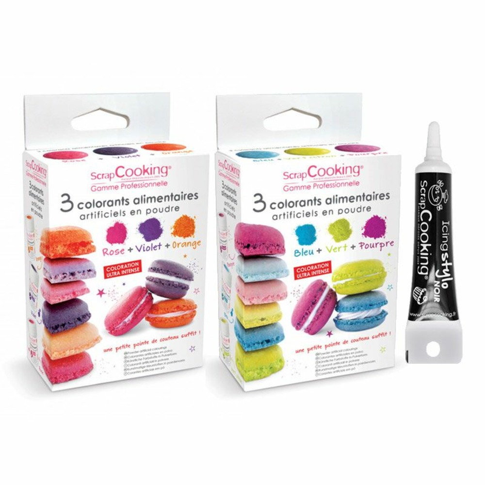 6 colorants alimentaires en poudre + stylo glaçage noir