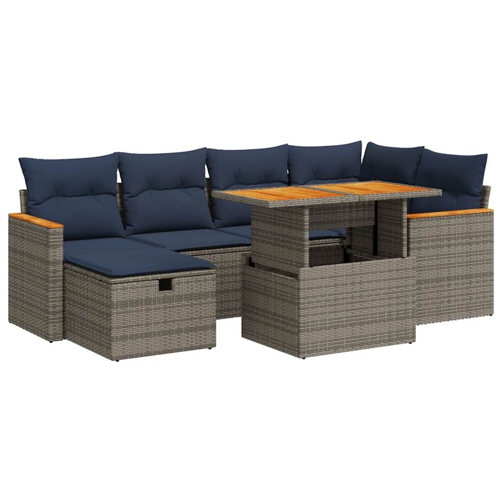 Salon de jardin avec coussins 7 pcs gris résine tressée acacia