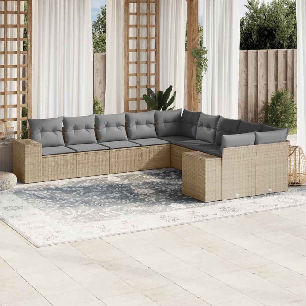 Salon de jardin avec coussins 10 pcs beige résine tressée
