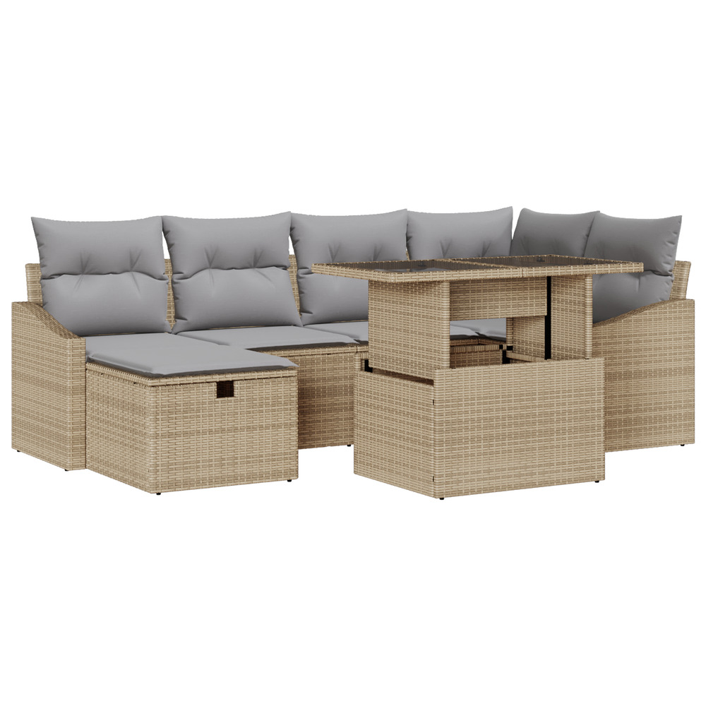 Ensemble canapé de jardin 7 pièces avec coussins beige poly rattan