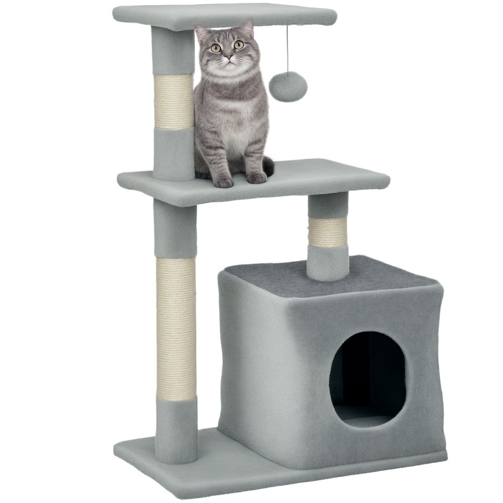Arbre à chat bois peluche avec niche plateformes grattoir sisal 50x30x81cm gris