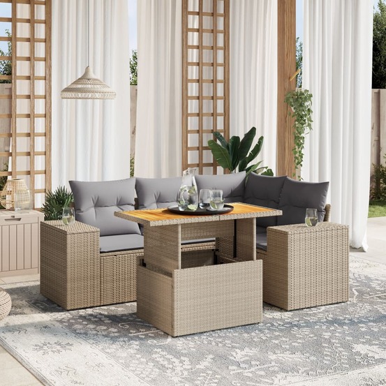Salon de jardin avec coussins 5 pcs beige résine tressée