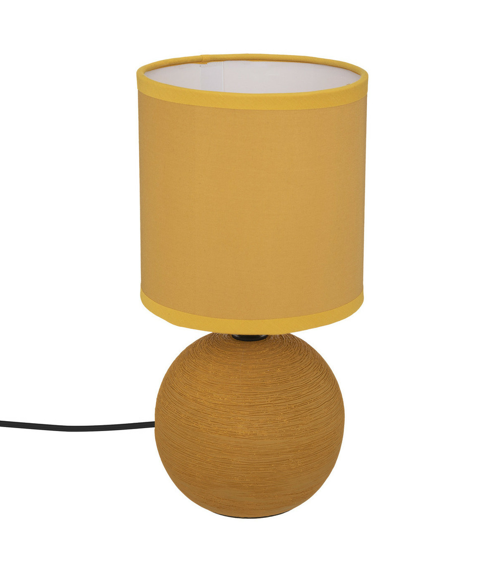 Lampe en céramique pied boule striée jaune ocre