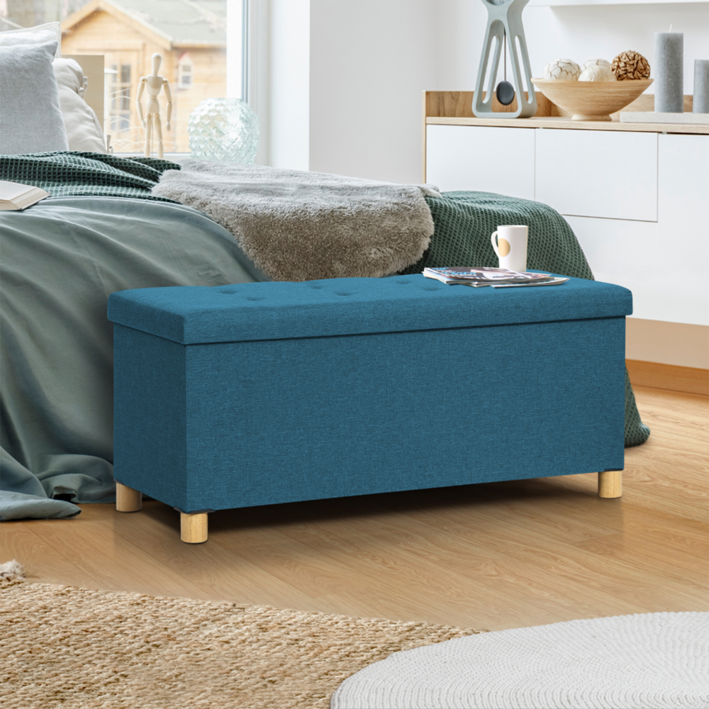 Banc coffre rangement sur pied 100 cm tissu bleu canard