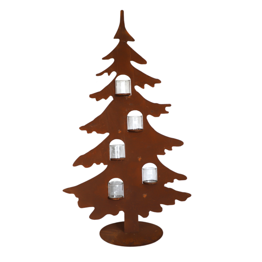 Sapin en métal rouillé marron et photophores en verre 75 x 120 cm