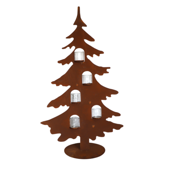 Sapin en métal rouillé marron et photophores en verre 75 x 120 cm