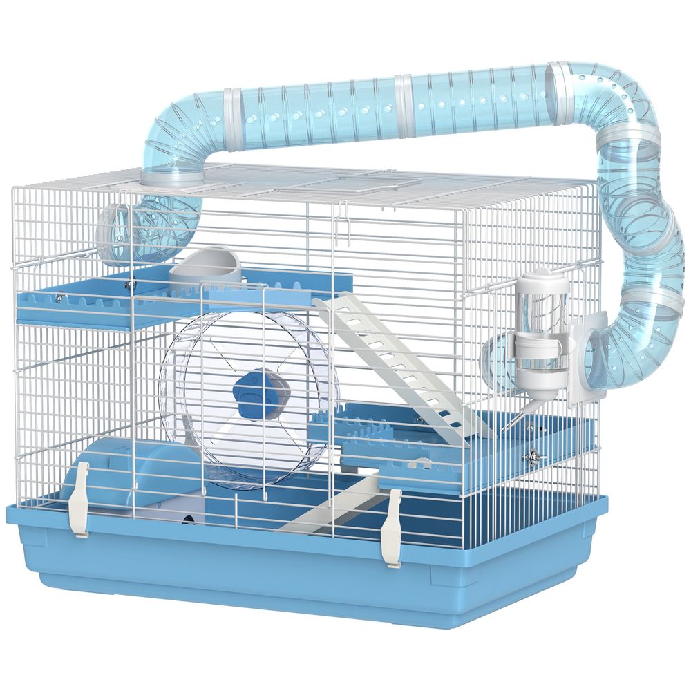 Cage hamster acier pour rongeurs nains portable 3 niveaux 47x31x29cm bleu