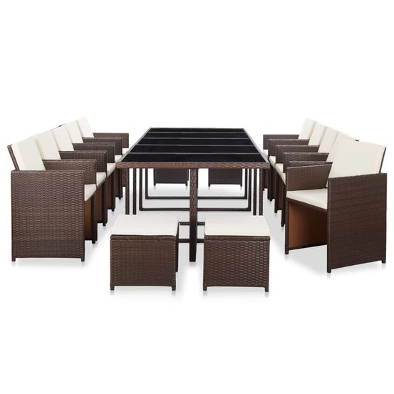 Ensemble à manger d'extérieur 15 pcs avec coussins rotin marron