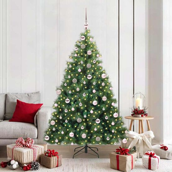 Sapin de noël artificiel 180cm kit complet avec 300 led et 120 boules, aspect naturel pe/pvc