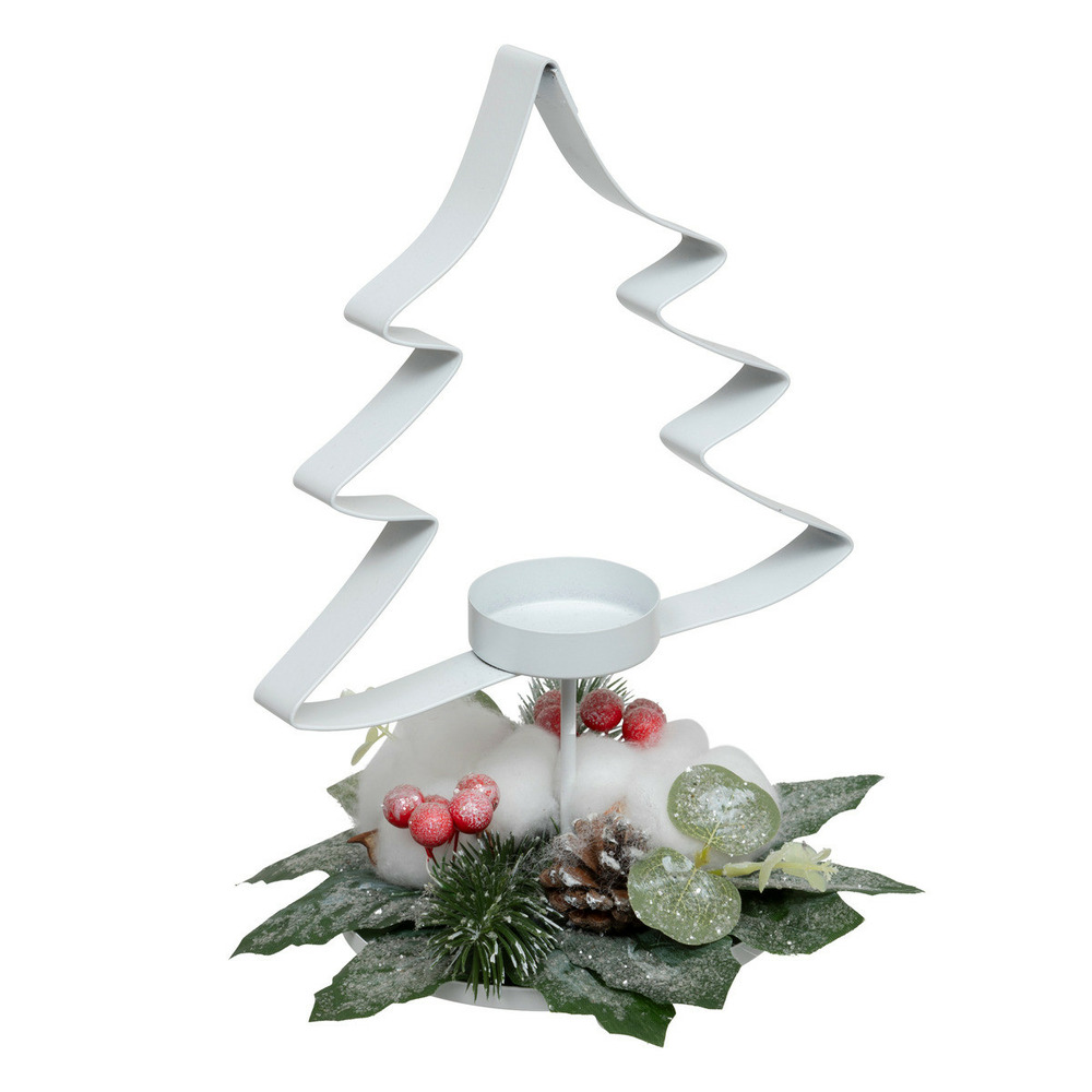 Bougeoir photophore sapin en métal blanc avec déco