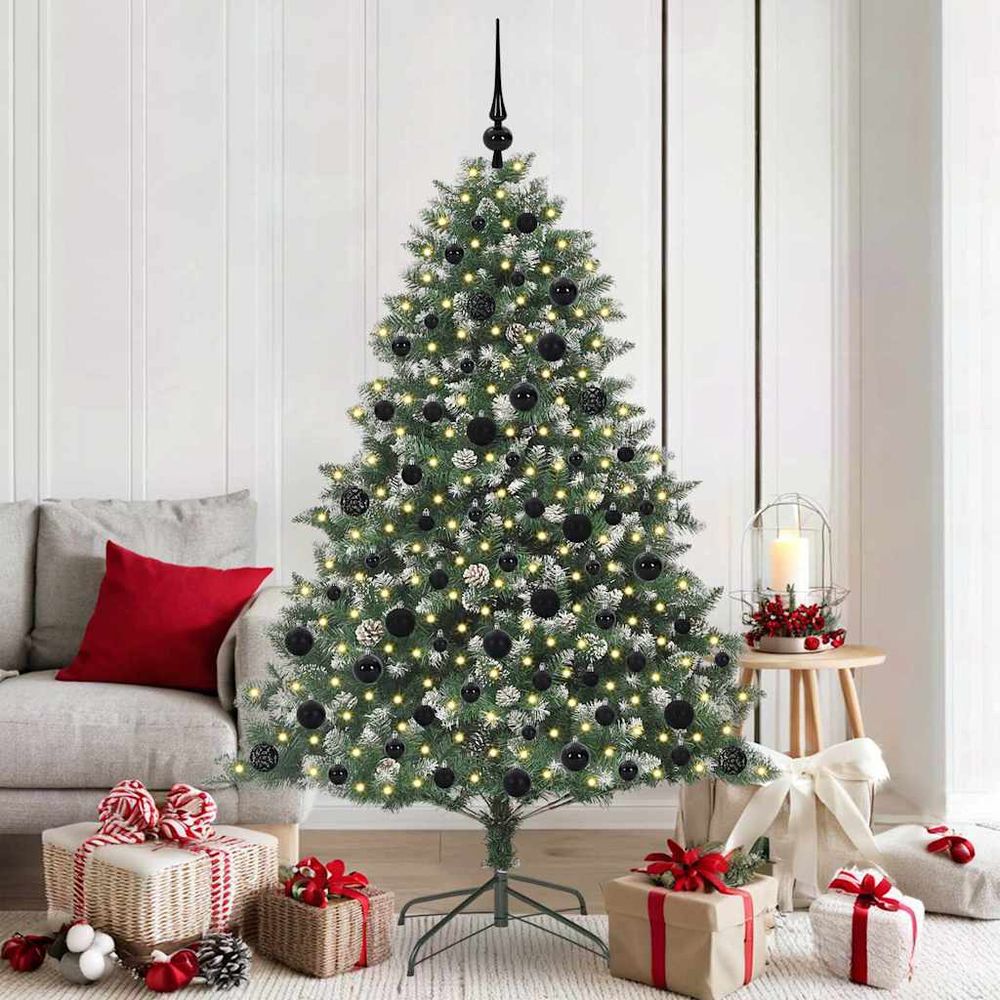 Sapin de noël artificiel touffu 180 cm, décoré avec boules, pommes de pin & 300 led