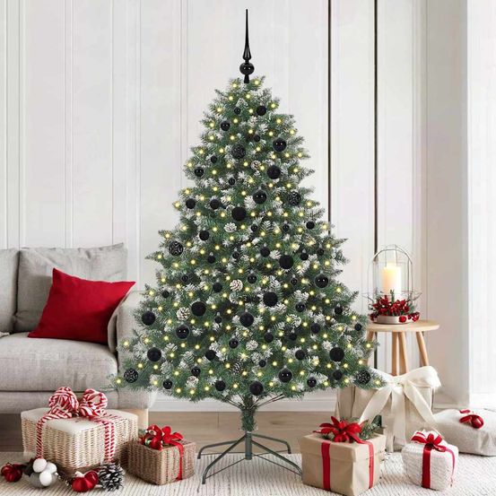 Sapin de noël artificiel touffu 180 cm, décoré avec boules, pommes de pin & 300 led