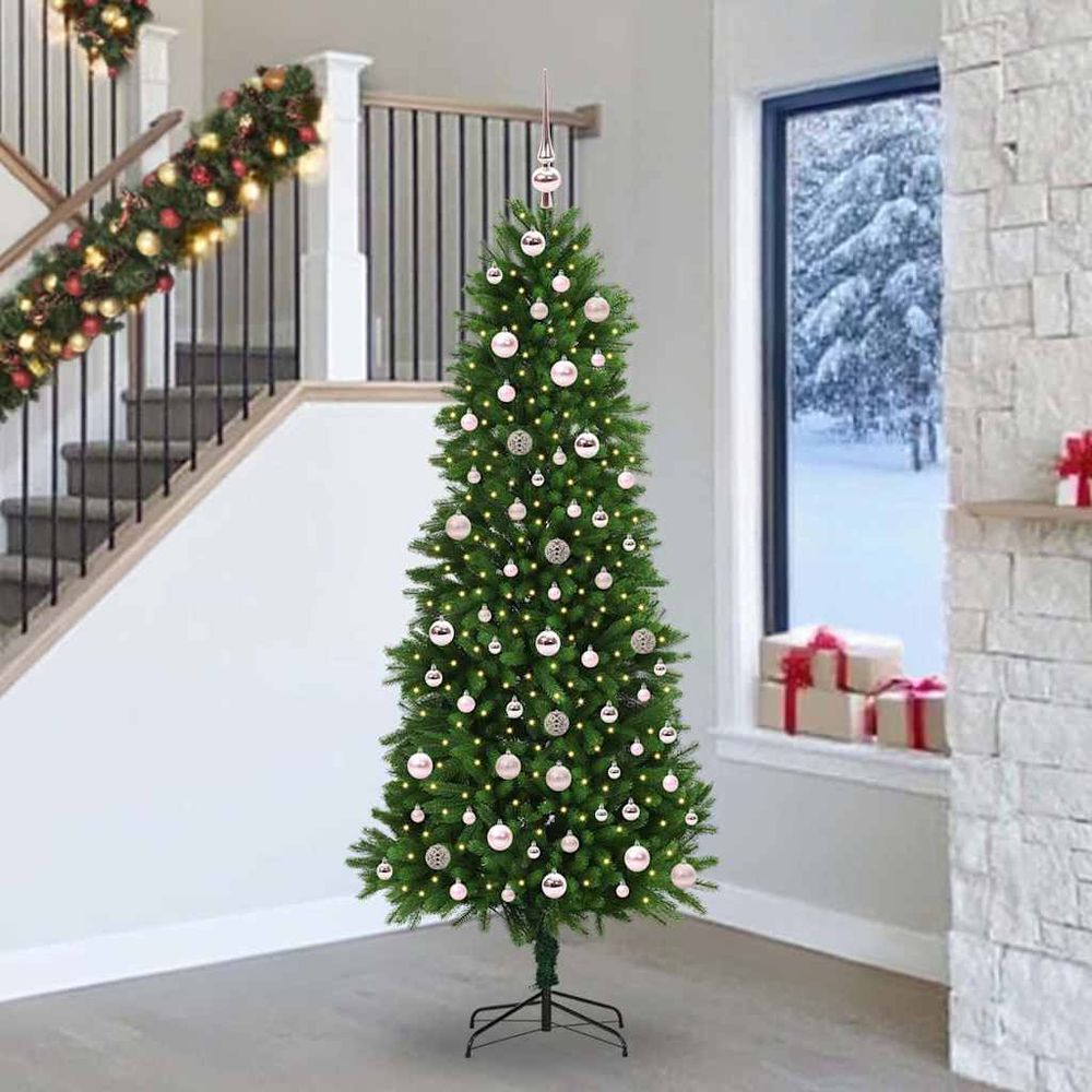 Grand sapin artificiel vert 240cm prêt à décorer, inclus 300 led 8 modes et 120 boules