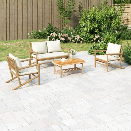 Salon de jardin 4 pcs avec coussins blanc crème bambou