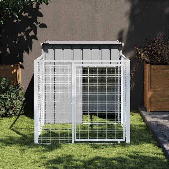 Niche pour chien avec enclos grillagé en acier galvanisé gris clair 201cm