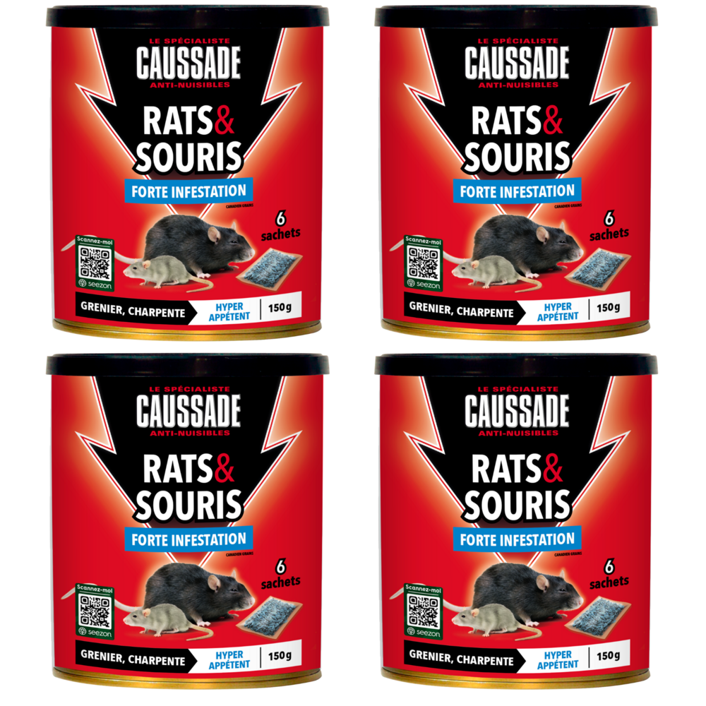 Caussade anti-rats – 24 sachets céréales prêts à l’emploi, forte infestation, usage lieux secs, 4x150g
