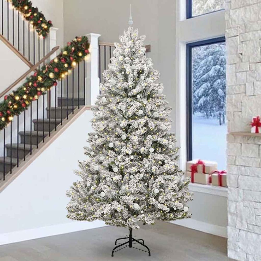 Sapin de fête géant 300 cm floqué, intérieur/extérieur avec guirlande led et 120 boules