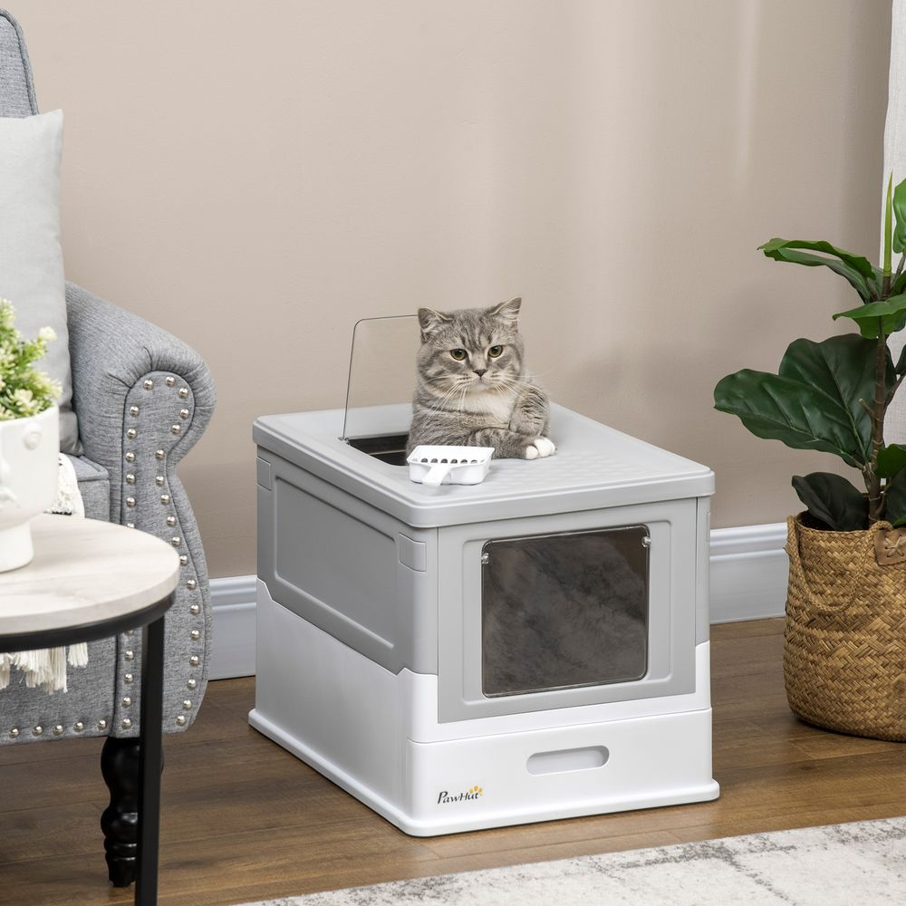 Maison de toilette pour chat pliable double porte battante et supérieure pelle fourni 47,5 x 35,5 x 36,7 cm gris