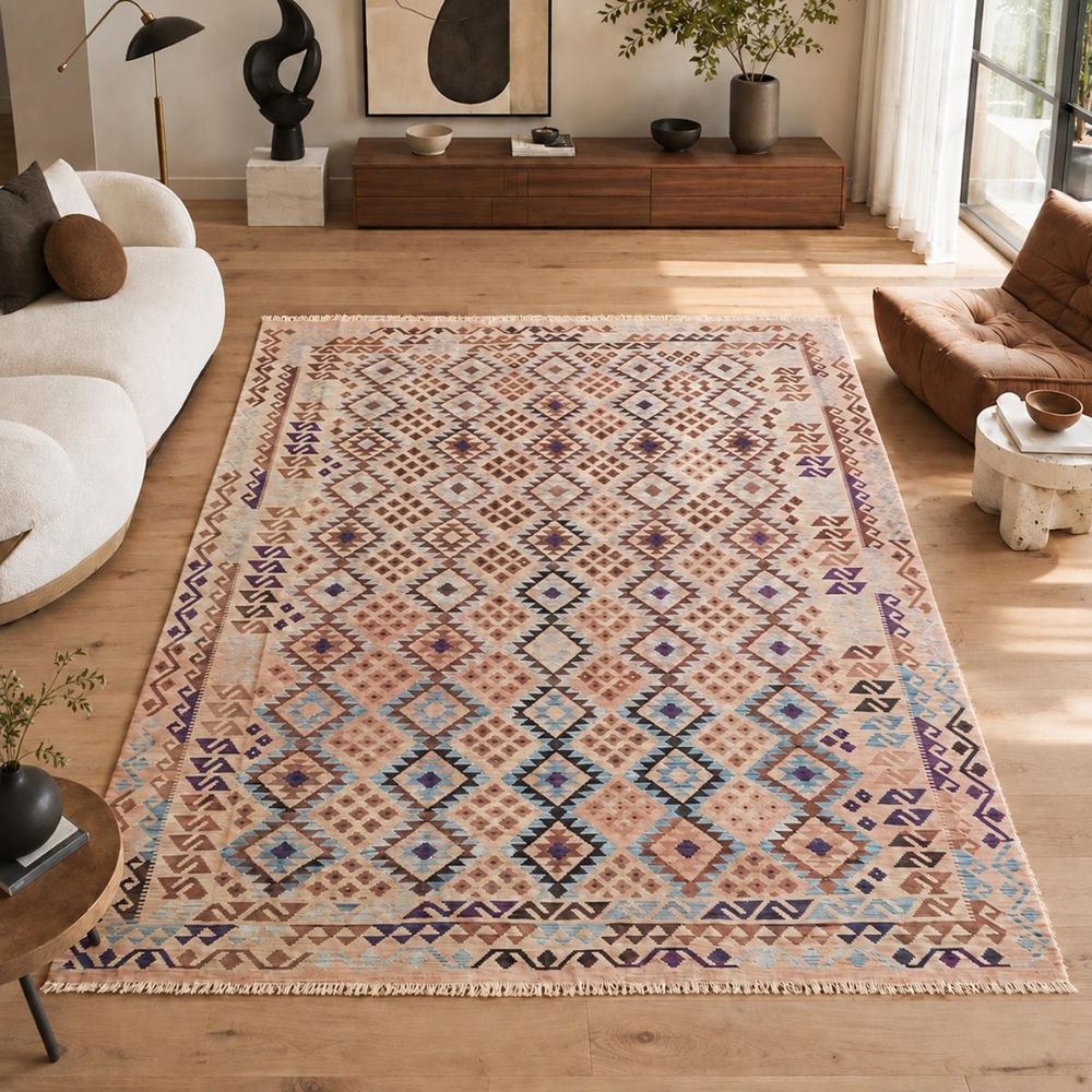 Tapis kilim 242 x 340 cm, beige, marron et violet, ethnique en laine, kilim 60