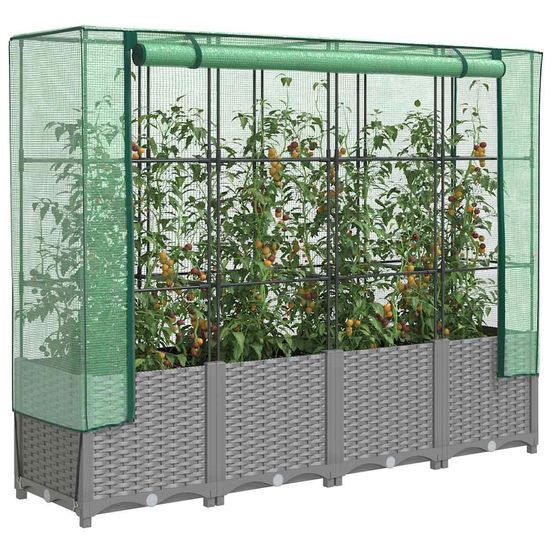 Très grande jardinière sur pieds 160cm aspect rotin avec serre de culture gris