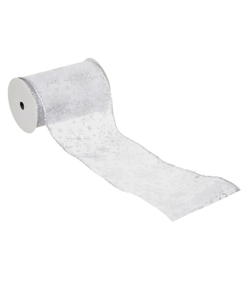 Guirlande de noël ruban blanc avec flocons argentés 12 cm x 5 m