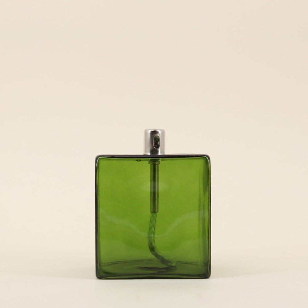 Lampe à huile cube en verre soufflé vert 10cm