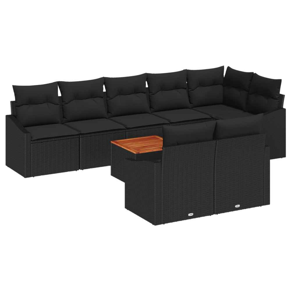 Ensemble de canapé de jardin 9 pièces avec coussins noir poly rotin acacia