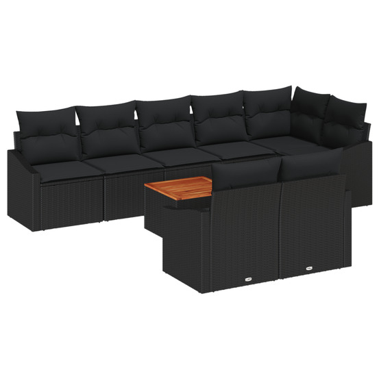 Ensemble de canapé de jardin 9 pièces avec coussins noir poly rotin acacia