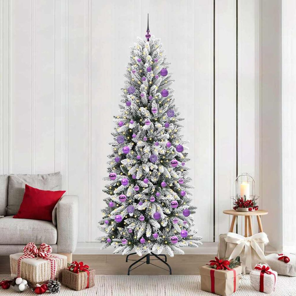 Sapin de noël pré-décoré blanc 210cm, illuminé par 300 led avec 120 boules pour intérieur