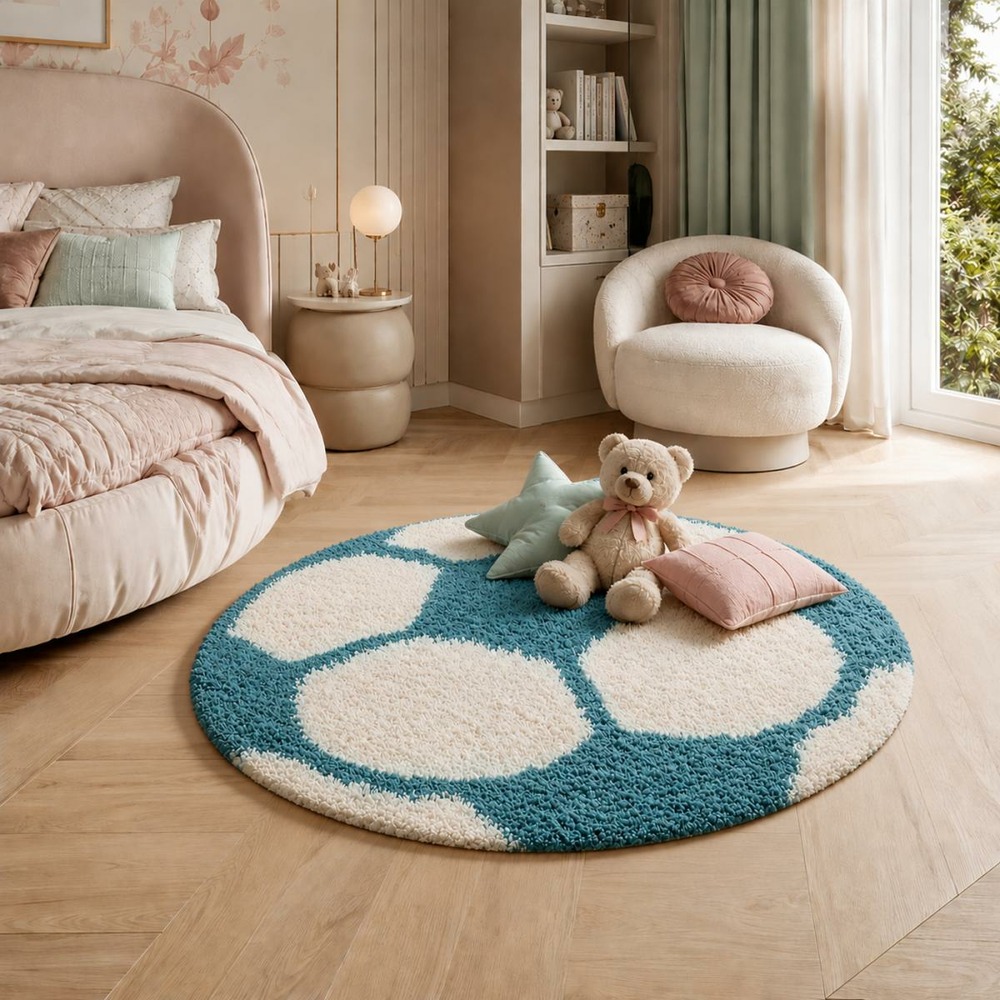 Tapis enfant ø120cm rond tissé turquoise et crème shaggy foot
