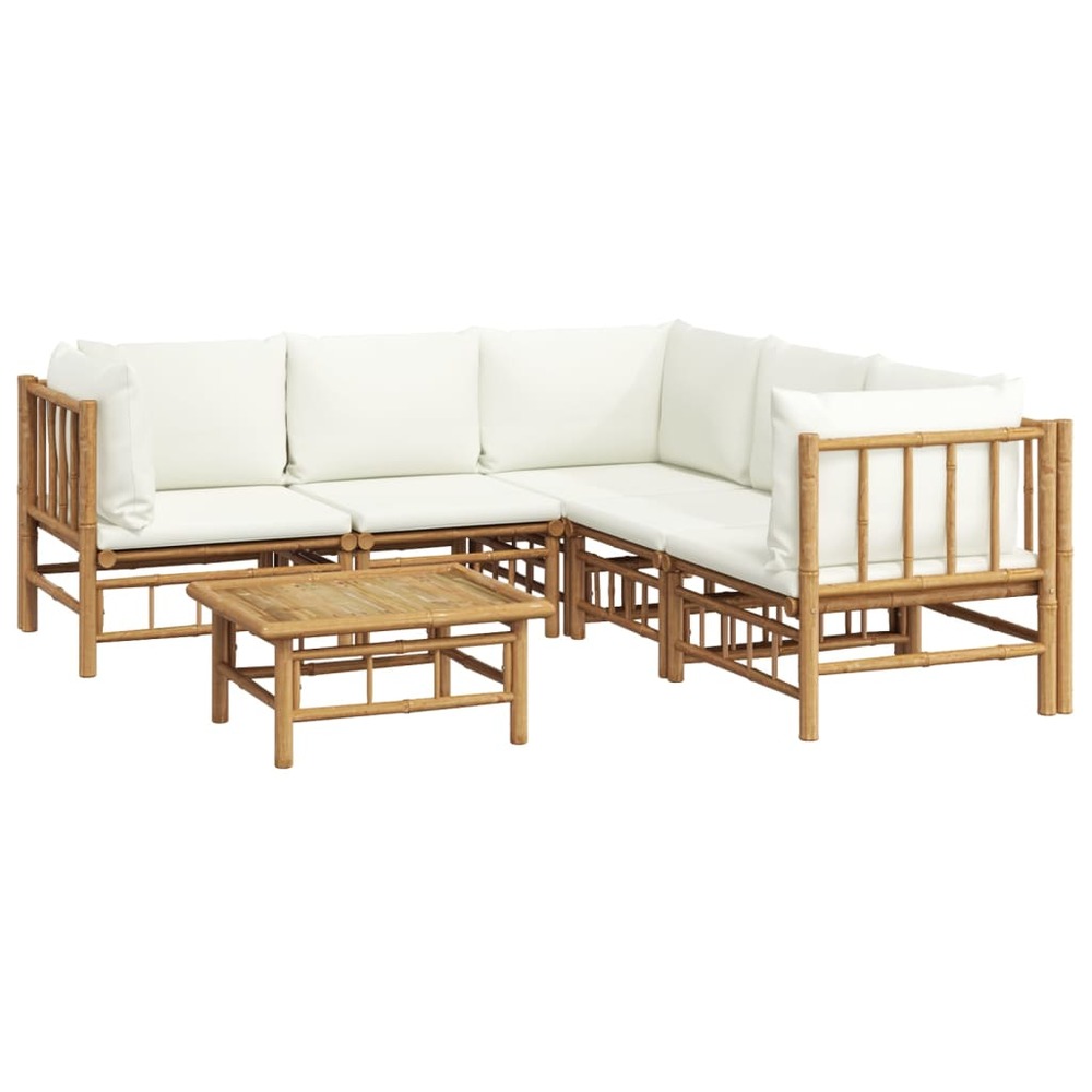 Salon de jardin meuble d'extérieur ensemble de mobilier 6 pièces avec coussins blanc crème bambou