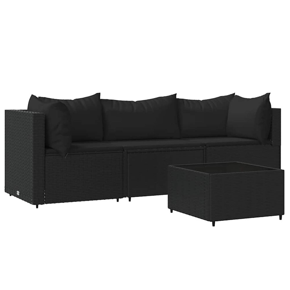 Salon de jardin 4 pcs avec coussins noir résine tressée