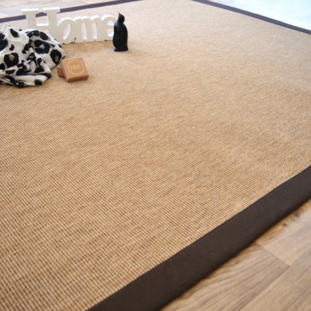 Tapis tissé plat - mahé naturel - ganse coton marron - 250 x 350 cm