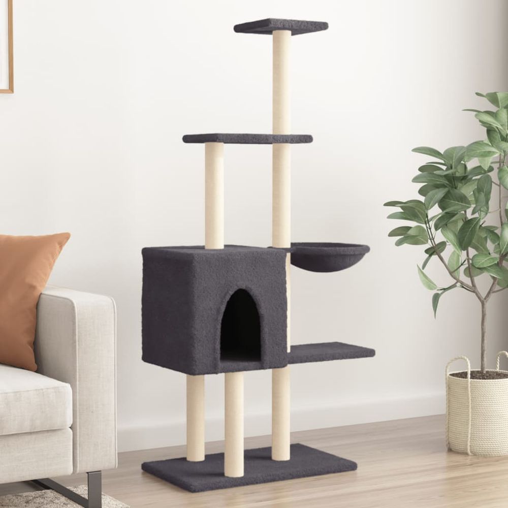 Arbre à chat 145 cm avec niche panier et griffoirs sisal gris foncé