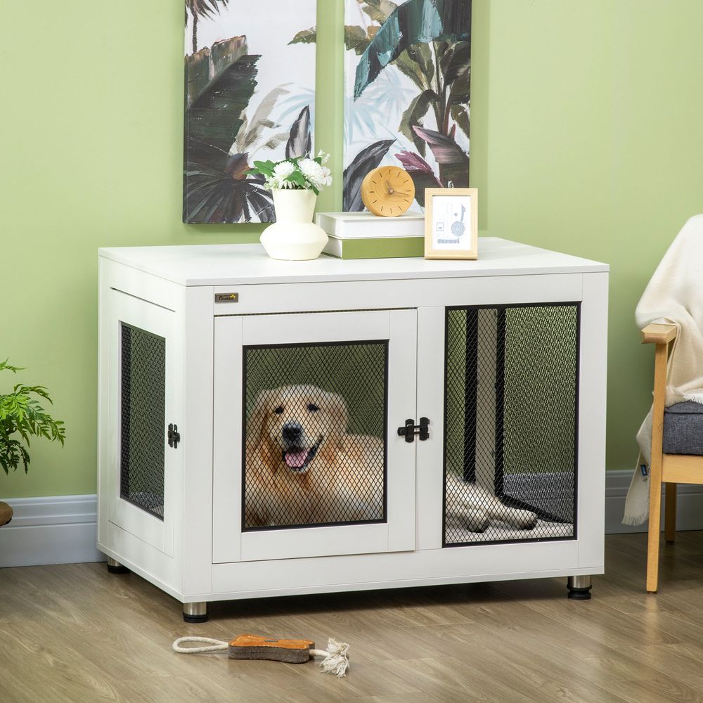Cage chien meuble bois métal intérieur table d'appoint 2 portes coussin 94cm blanc
